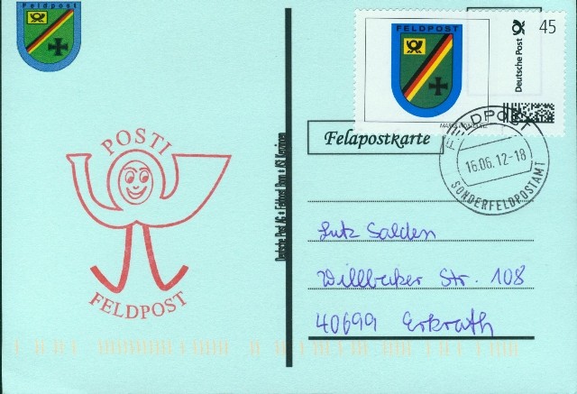 Rückseite: Beschriftung"Deutsche Post AG Feldpost Bonn, ASt Kenzingen"
