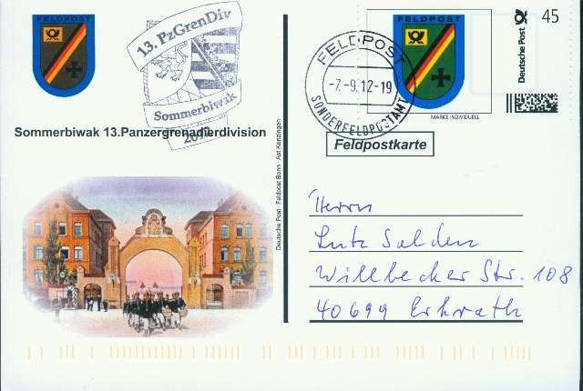 Motiv: Sommerbiwak 13. Panzergrenadierdivision, Beschriftung, "Deutsche Post Feldpost Bonn, ASt Kenzingen"