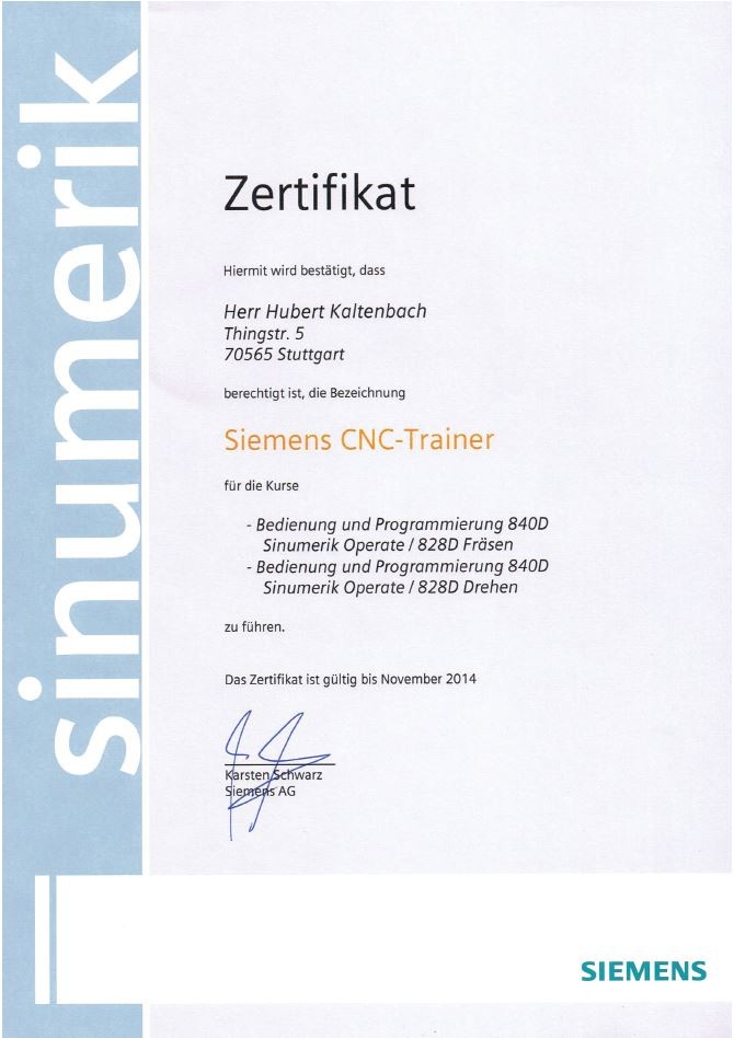 CNC-Trainer Zertifizierung Siemens