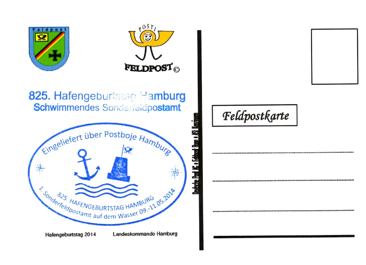 Rückseite: Beschriftung, "Deutsche Post AG Feld-post Bonn, ASt Kenzin-gen" Hafengeburtstag Landeskommando Hamburg