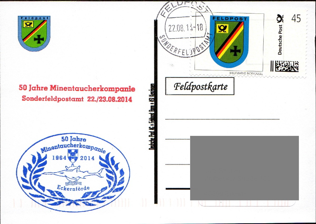 Rückseite: Beschriftung, "Deutsche Post AG , Feldpost Bonn AST Kenzingen"
