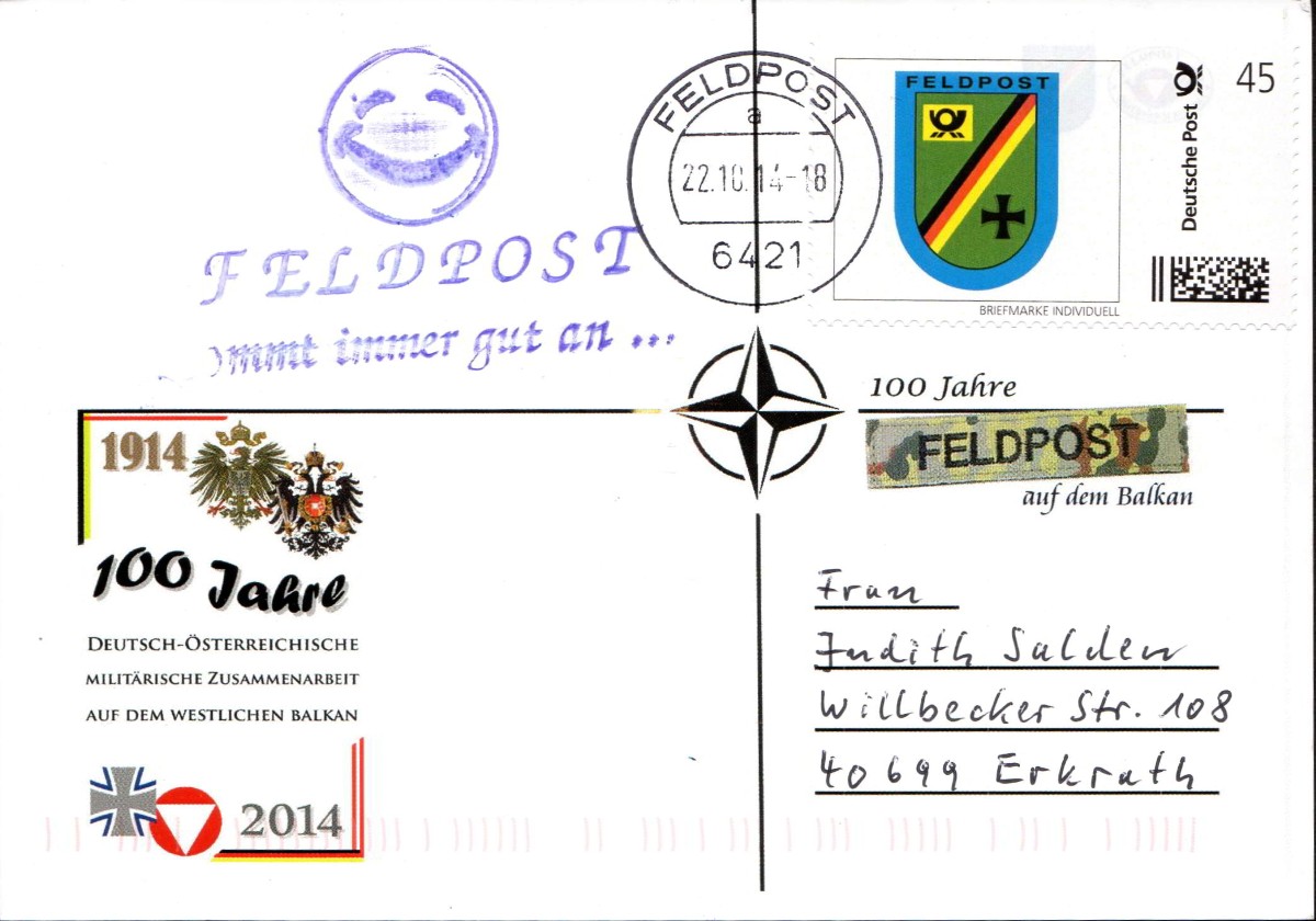 Gestempelt Feldpostamt KFOR Prizrien 6420 18.10.2014