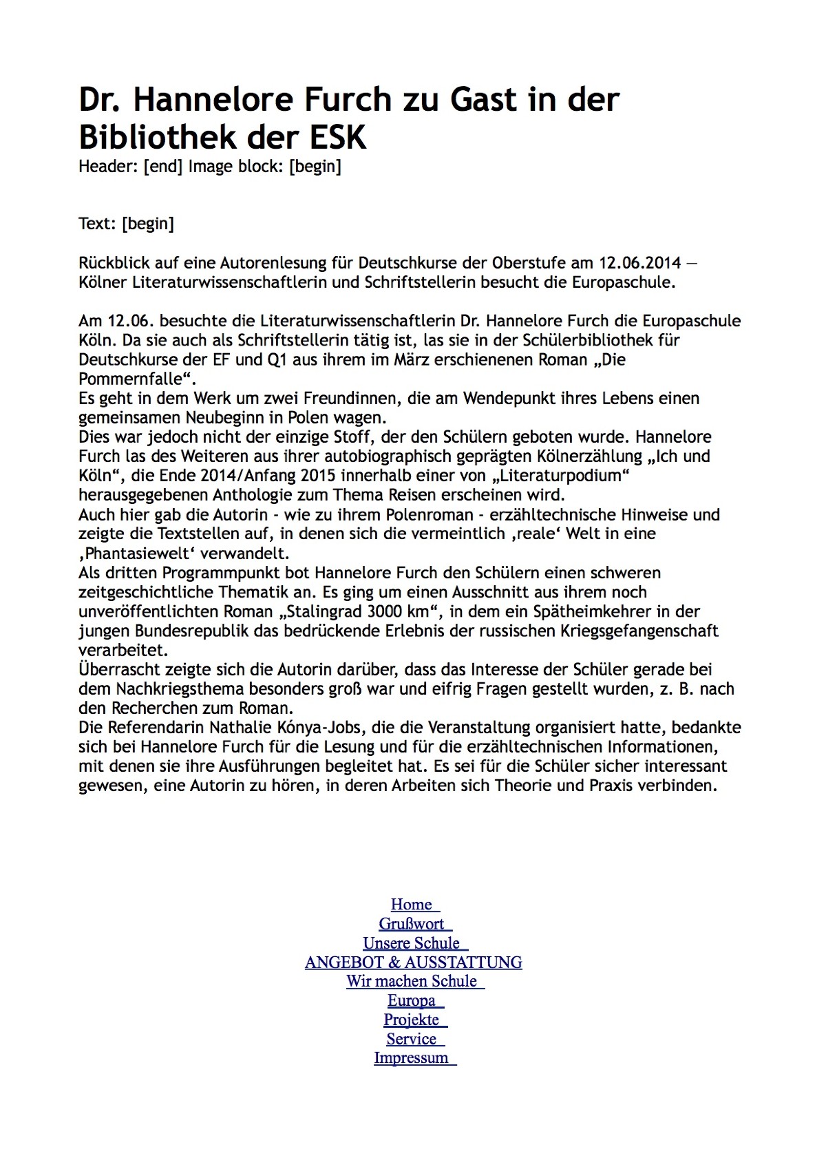 Lesung von Hannelore Furch in der Europaschule Köln am 12.06.2014.