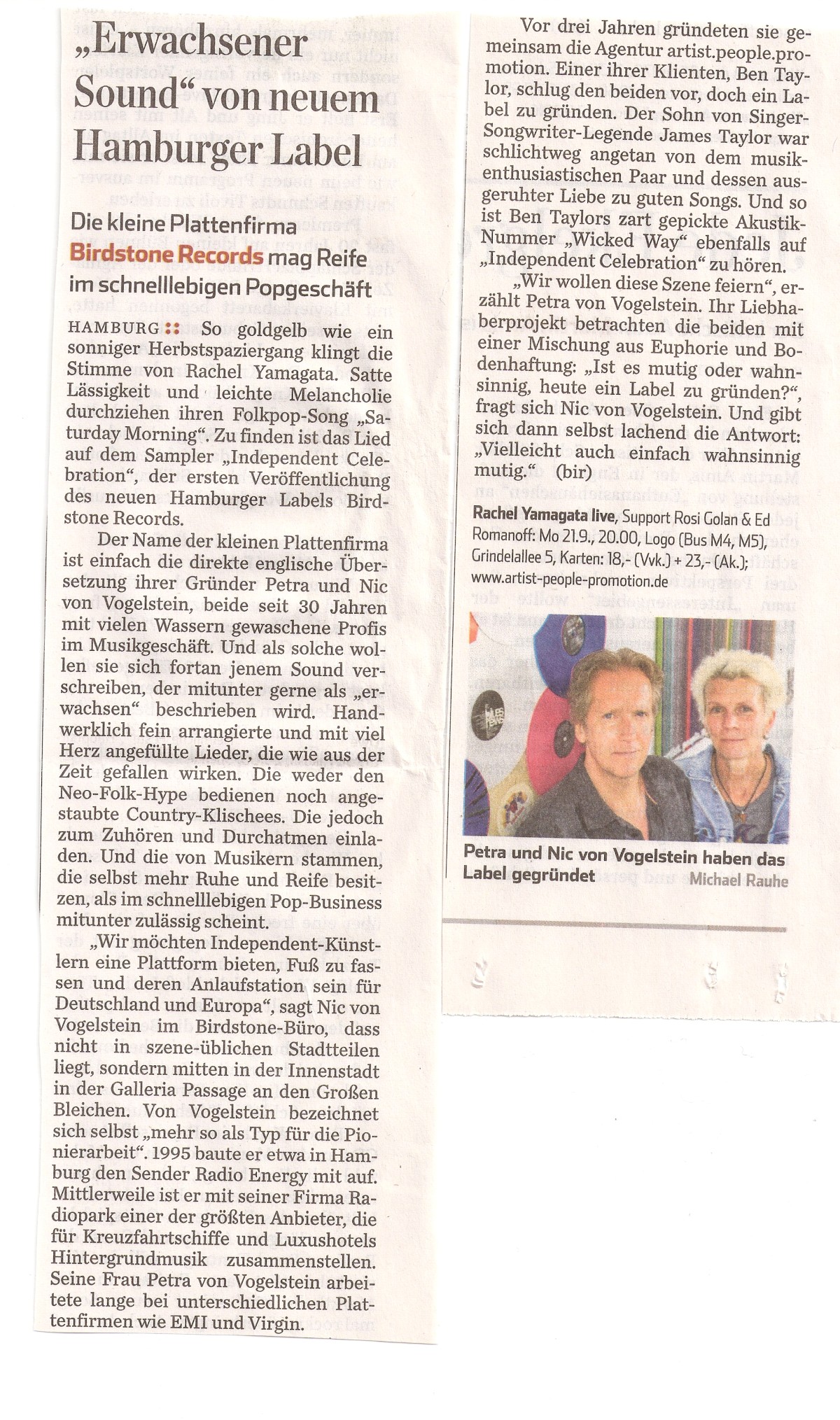 Birdstone Records, Hamburger Abendblatt, Sept 2015