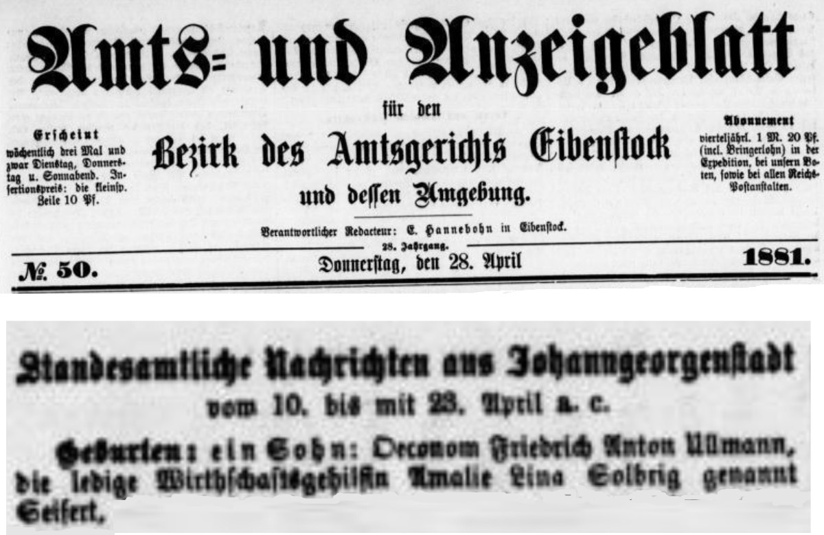 Albin Paul Ullmann Geburtsanzeige 1881