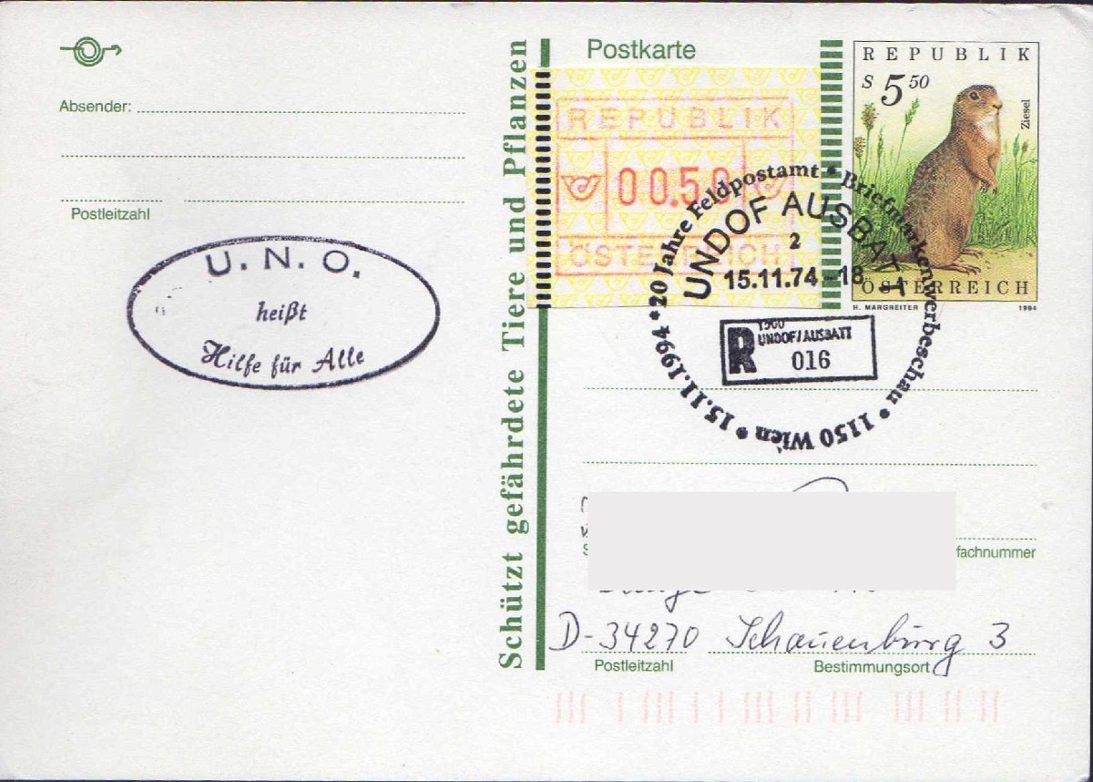„ 20 Jahre Auslands-Feldpostamt 1500 UNDOF-AUSBATT “ 15.11.1994 1150 Wien, UZ 1-2