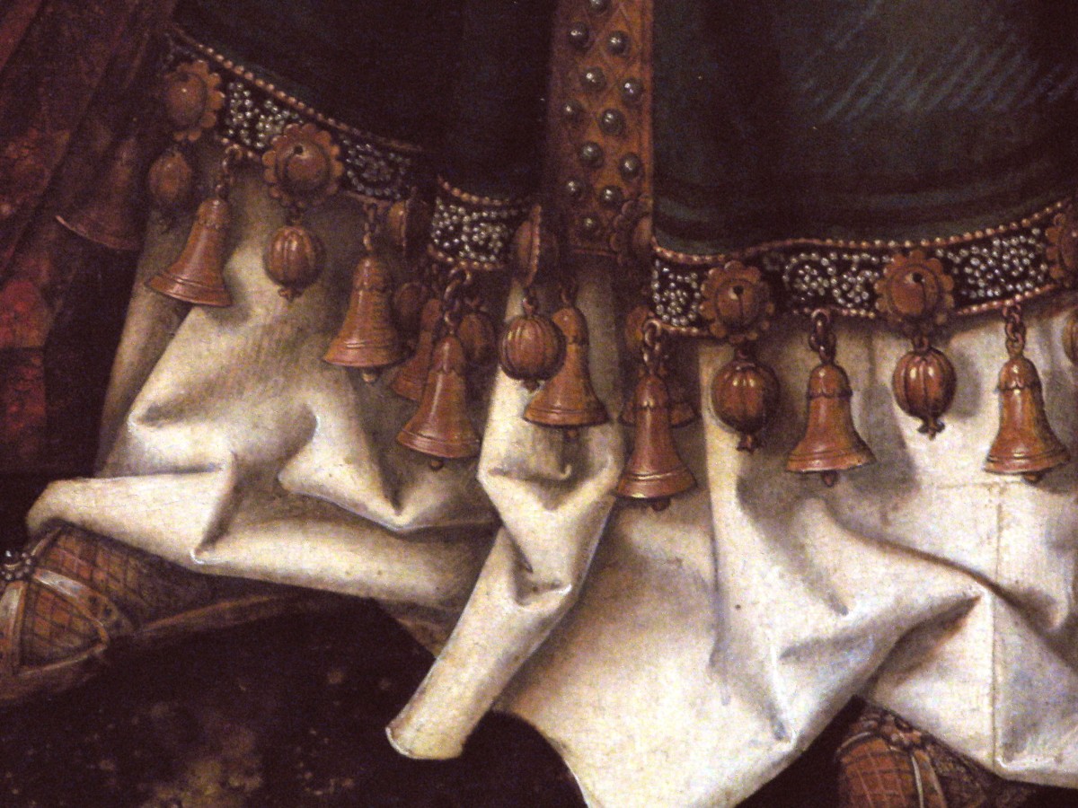 Deren Saum verzierte er mit Glöckchen und mit Granatäpfeln ringsum, damit er im Heiligtum zu hören war, Detail aus: Darbietung des Christusknaben im Tempel, Hans Holbein d. Ä., 1500-1501, Kunsthalle Hamburg