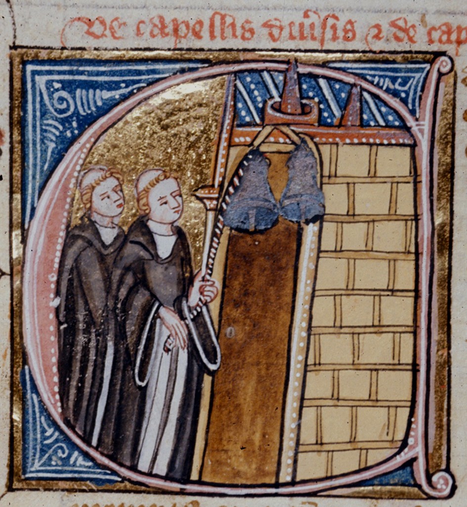 Zwei Mönche lauschen mit verklärtem Blick dem offensichtlich wohlklingenden Zuckerhut-Glockenpaar, James le Palmer, 1360-1375