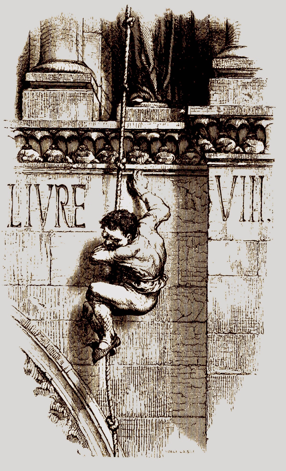 Quasimodo am Turm von Notre Dame in Paris, 1840.