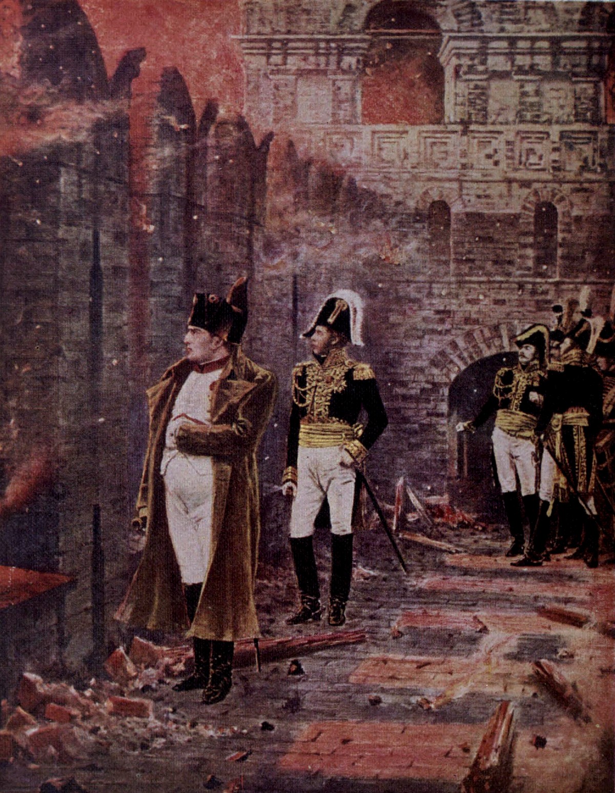 Napoleons wehmütiger Blick auf den Tsar Kolokol im brennenden Moskau, September 1812. Farblithographie, Wassili Wereschtschagin, spätes 19. Jhdt..
