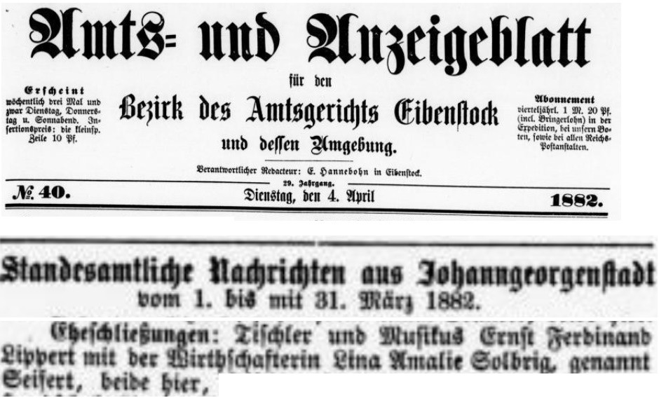 Lina Amalie SOLBRIG Heirat 1882 mit Lippert