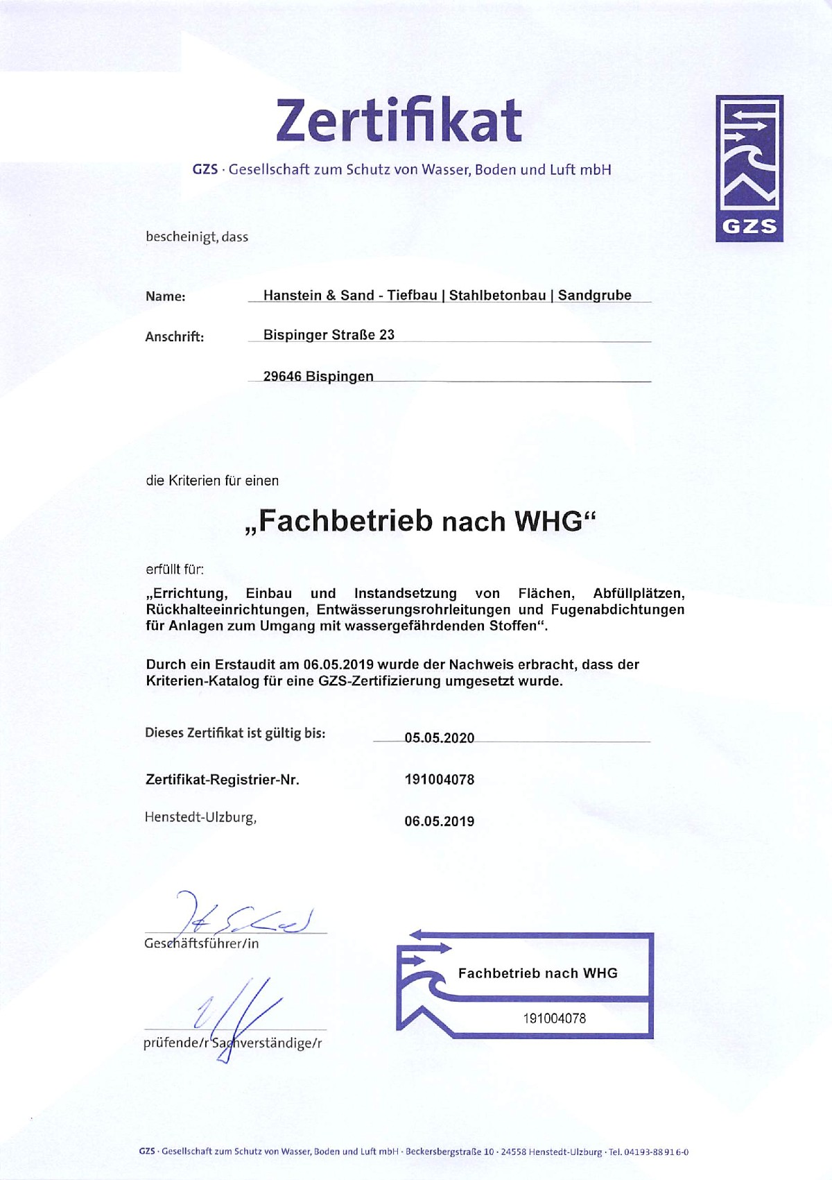 Zertifikat WHG