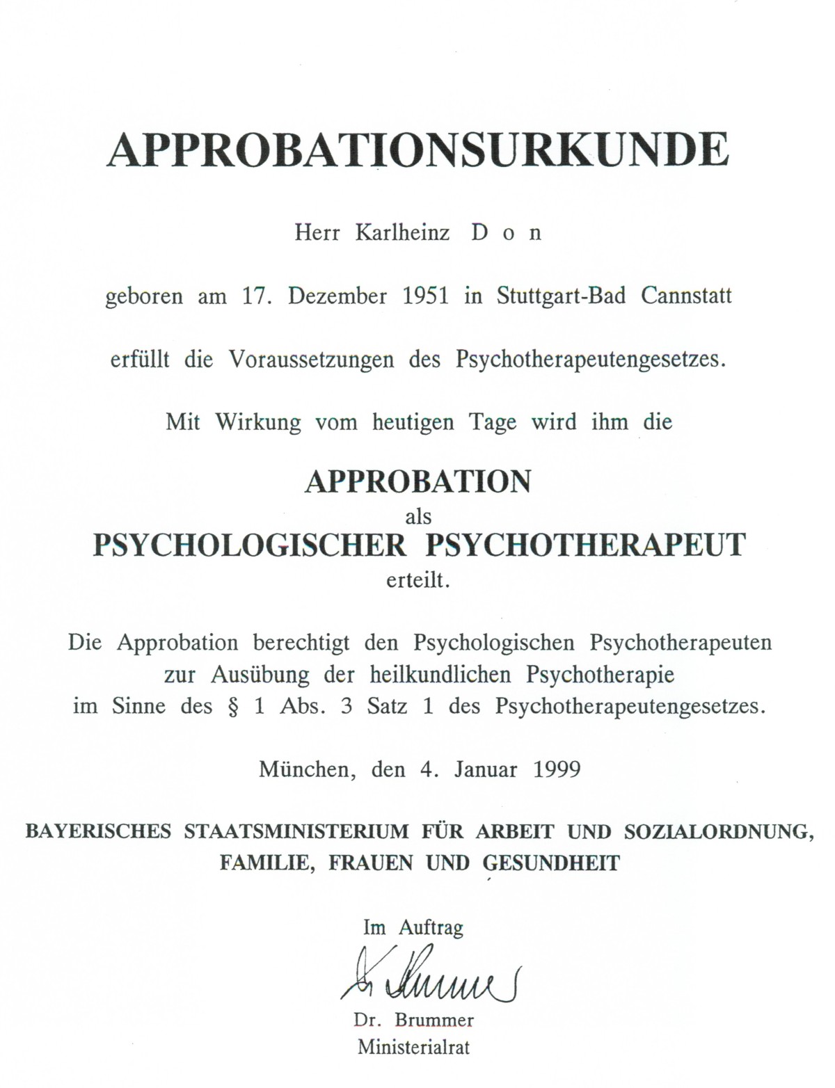 Approbation als Psychotherapeut (1999)