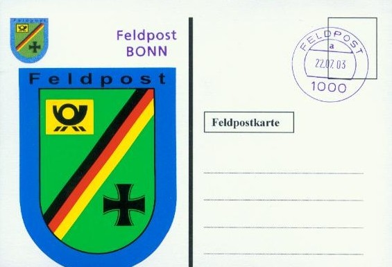 Motiv: weiße Karte, Feldpost Bonn kleines Feldpostwappen, gepunktete Linien keine Umrandung