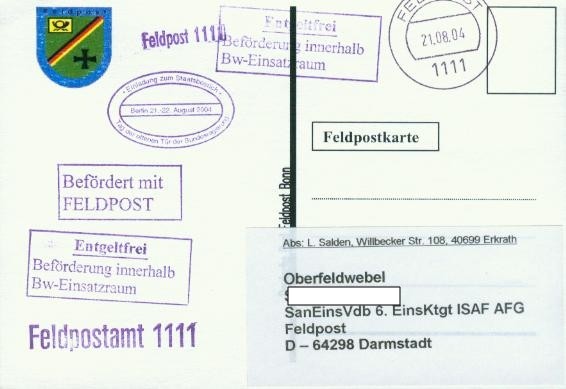 Motiv: weiße Karte, FpA Berlin 2004  großes Feldpostwappen und Beschriftung "Deutsche Post Feldpost Bonn"