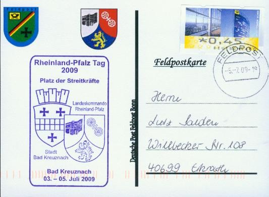 Motiv: Rheinland Pfalz Tag 2009 Bad Kreuznach, Beschriftung "Deutsche Post Feldpost Bonn"