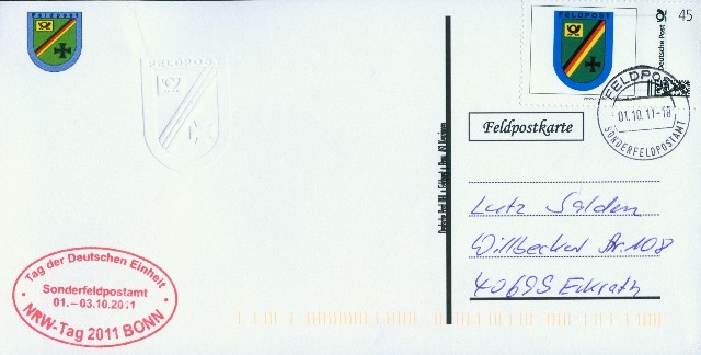 Rückseite: "Deutsche Post DHL Feldpost Bonn, ASt Kenzingen"