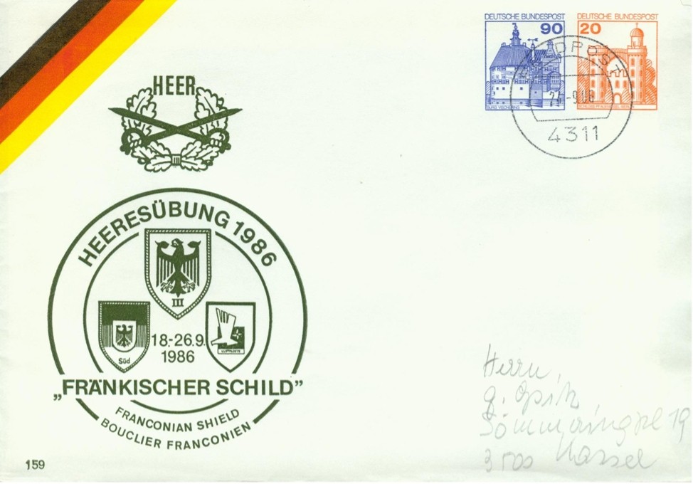 Brief mit eingedruckter Marke 90 + 20 Pf Burg Vischering und Pfaueninsel