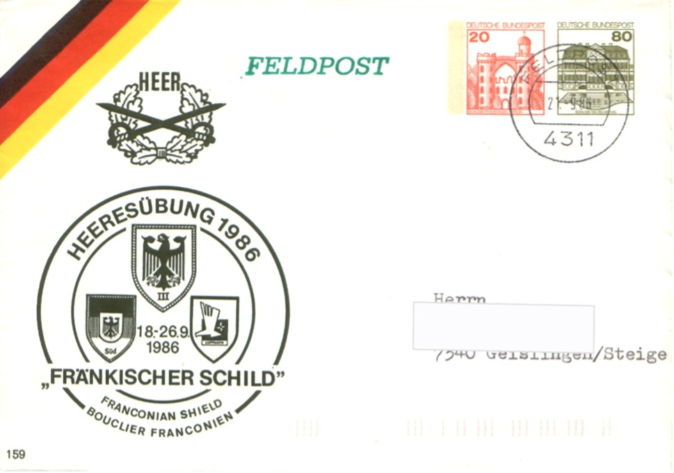 Brief mit eingedruckter Marke 80 + 20 Pf Schloss Wilhelmsthal und Pfaueninsel