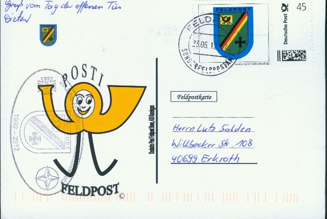 Motiv: POSTI groß alter Druckvermerk, Beschriftung, "Deutsche Post Feldpost Bonn, ASt Kenzingen"