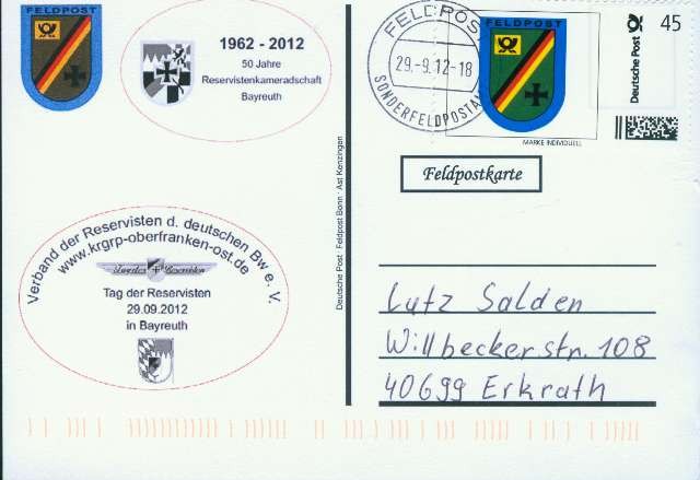 Motiv: Reservisten Bayreuth Beschriftung, "Deutsche Post Feldpost Bonn, ASt Kenzingen"