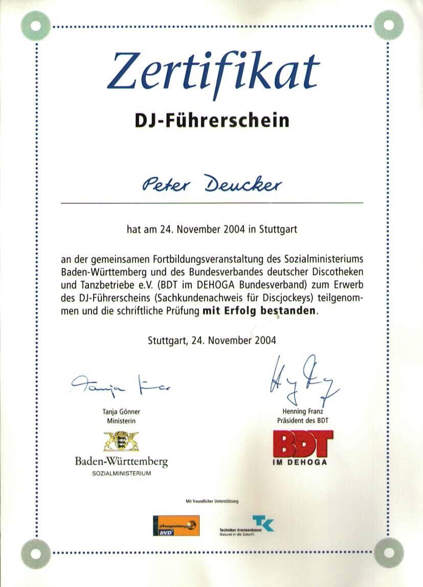 DJ Peter Dencker Zertifikat