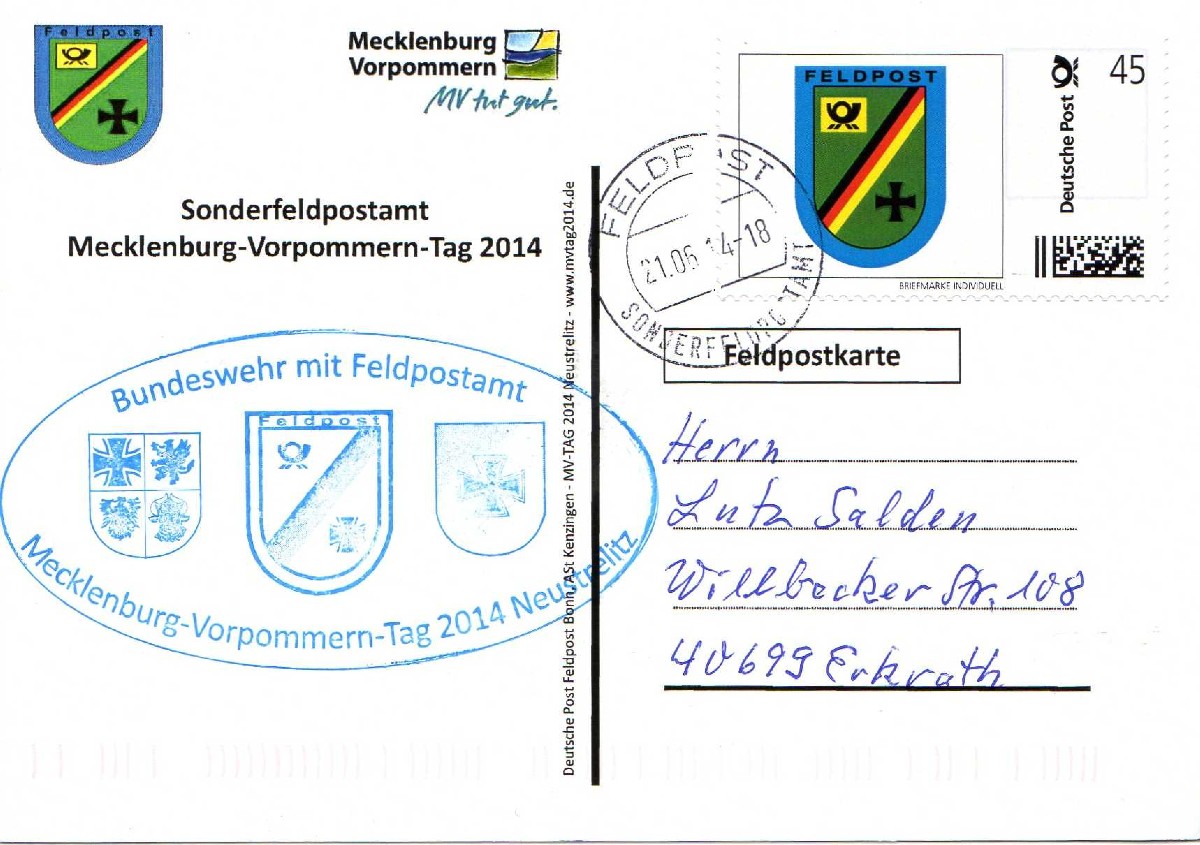 Rückseite: Beschriftung, "Deutsche Post  Feldpost Bonn, ASt Kenzingen- MVG-Tag 2014 Neustrlitz - www.mvgtag2014.de"
