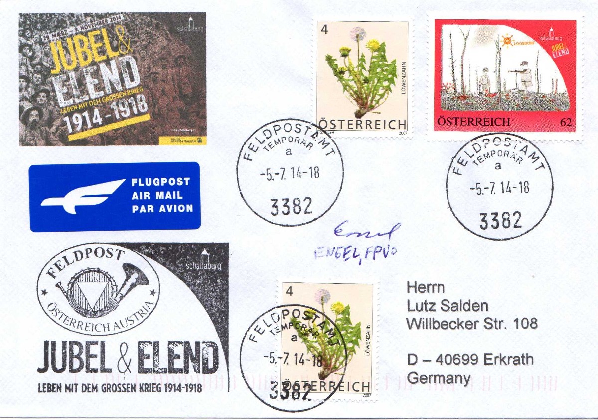 Auslandsbrief mit  Feldpoststempel 3382 Uz a auf personalisierter Marke vom 5.7.2014