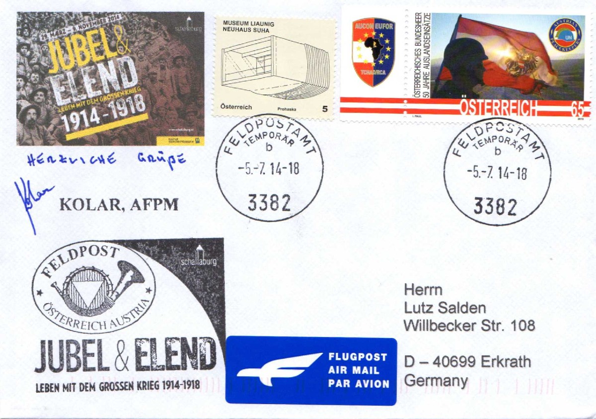 Auslandsbrief mit  Feldpoststempel 3382 Uz c vom 5.7.2014