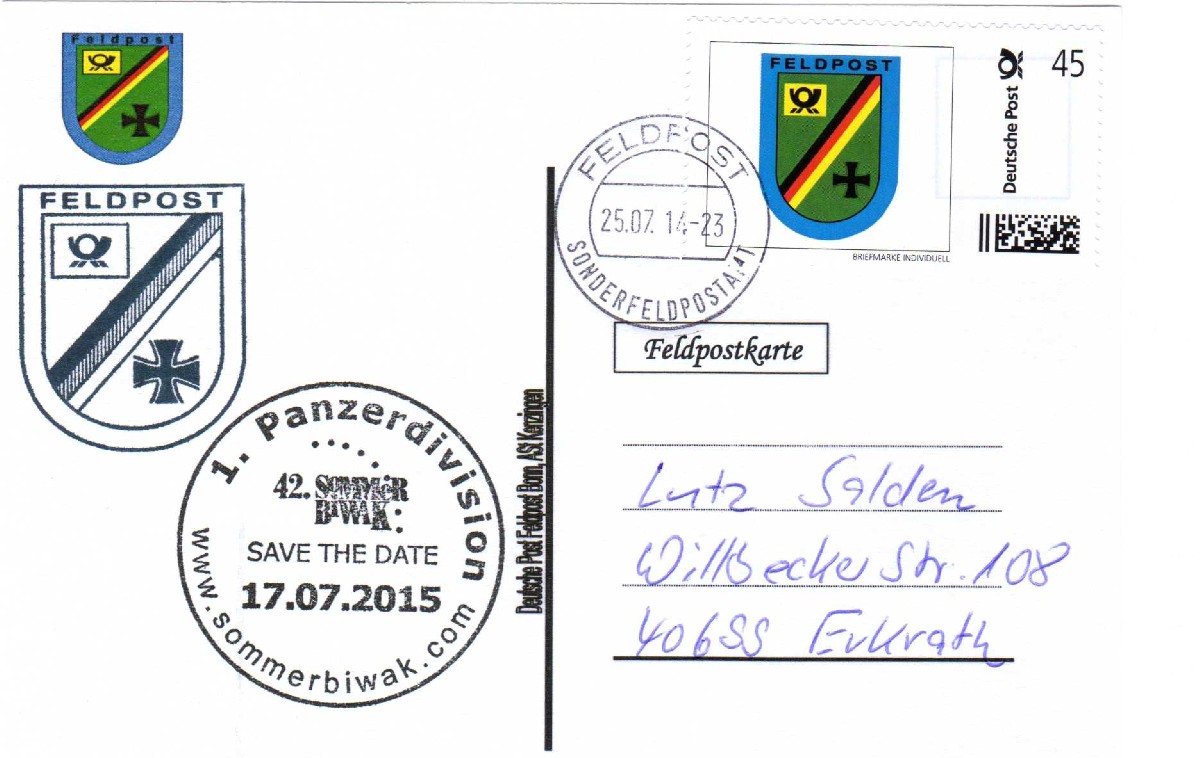 Rückseite: Beschriftung, "Deutsche Post , Feldpost Bonn, ASt Kenzingen"
