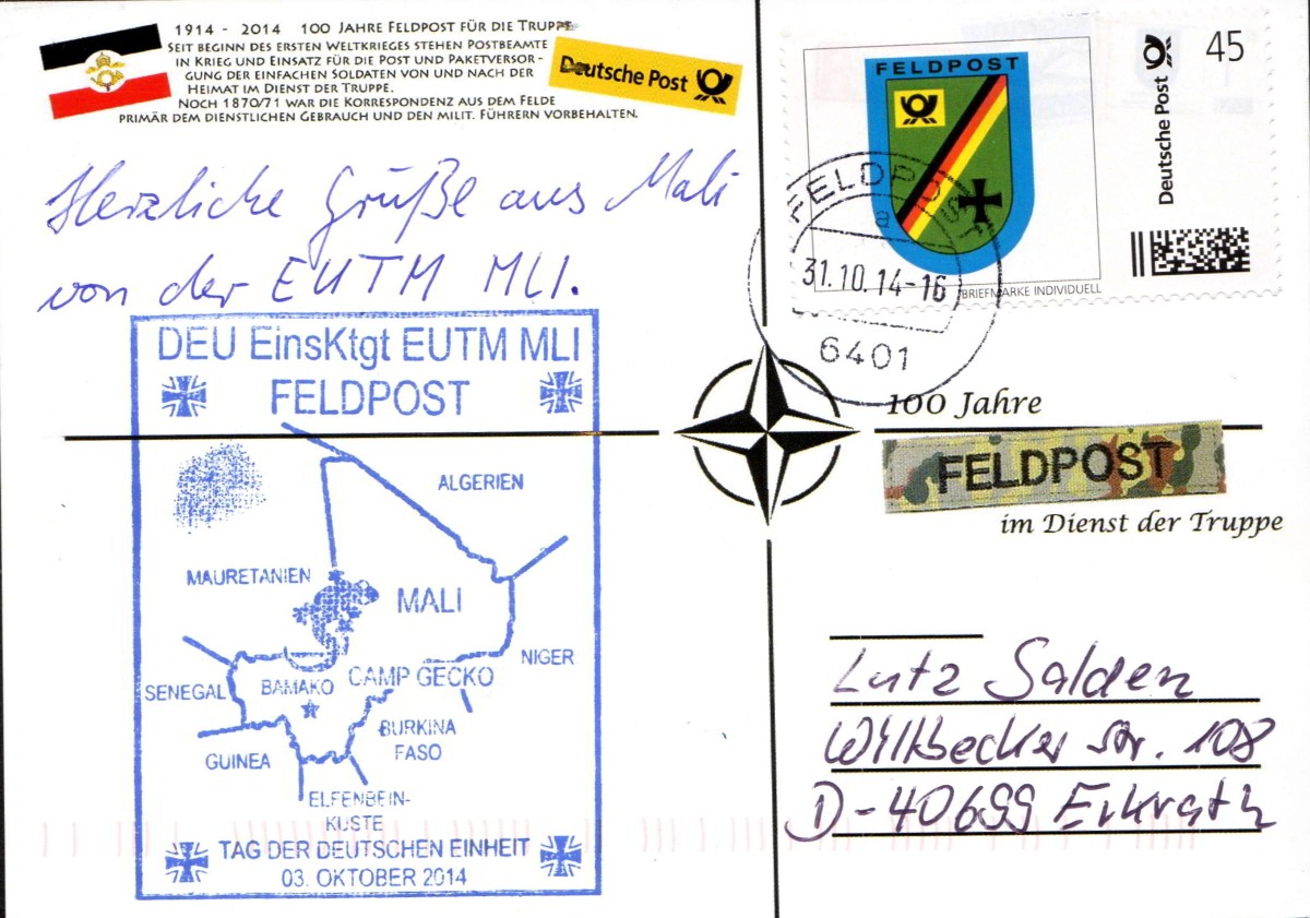 Gestempelt Feldpostamt EUTM Mali Poststelle Camp Gecko Koulikoro 31.10.2014