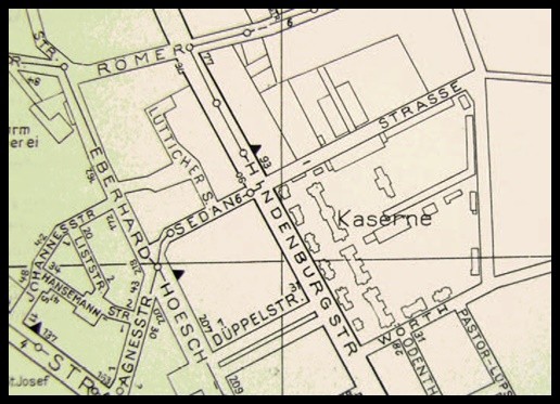 Lage der Kaserne im Stadtplan von Düren 1965