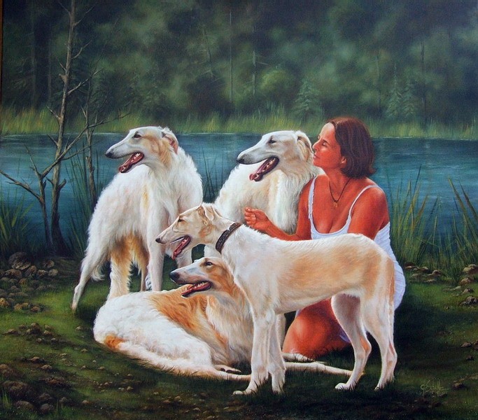 Oil painting Borzois and Owner
