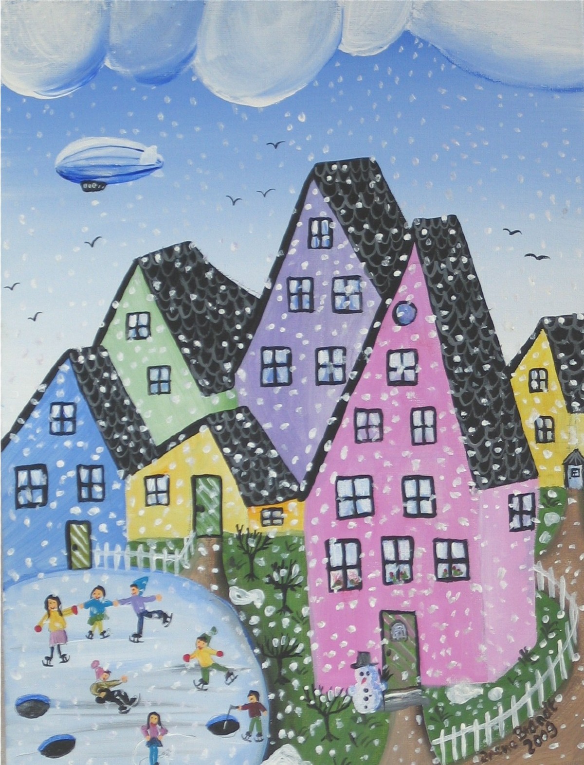 snow falls, children colourful houses snowman