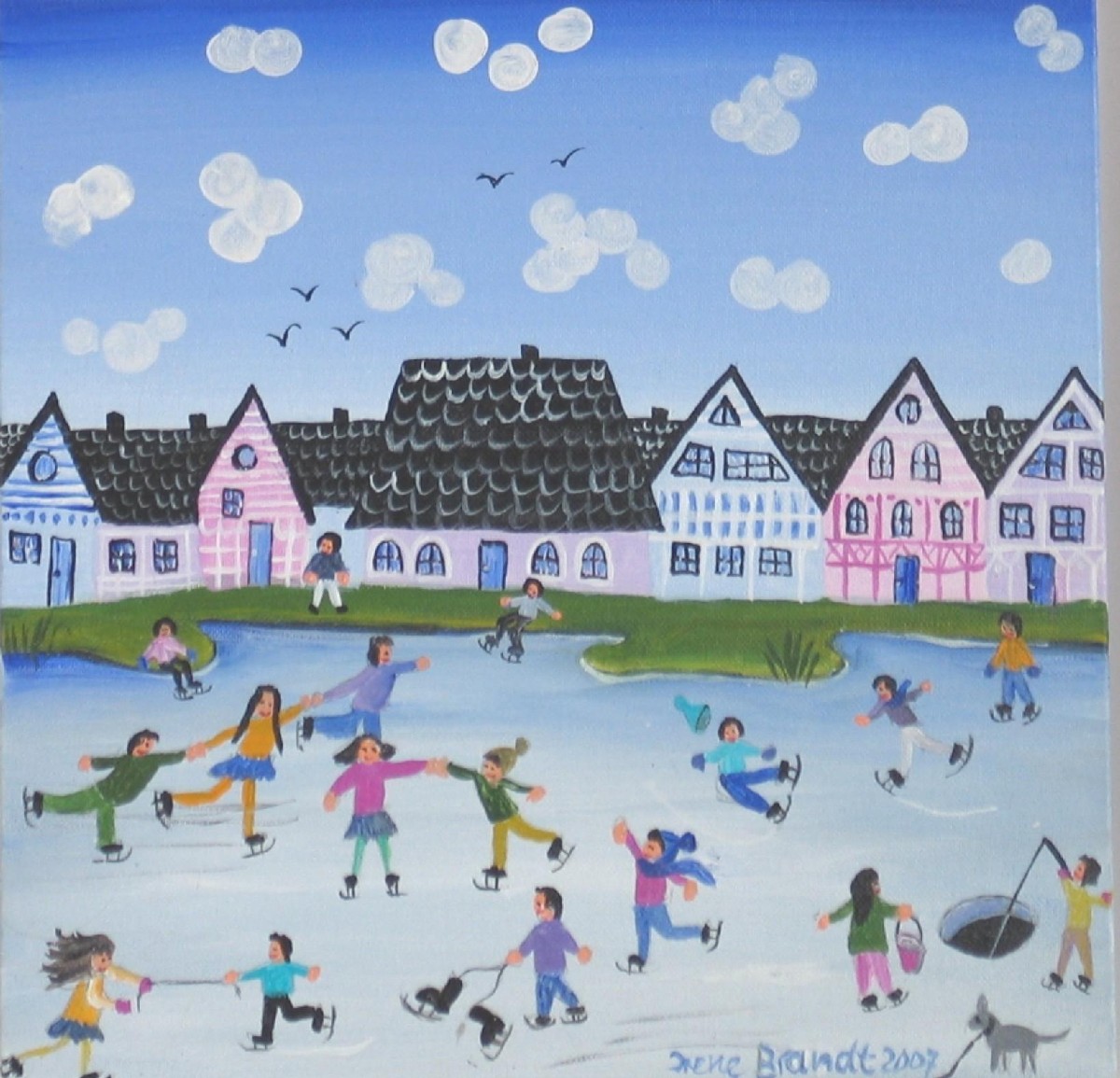 children fun on ice skating winter colourful house
