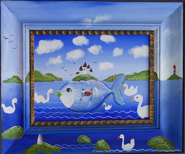 fish swans surrealistic boat in fish castle on top
