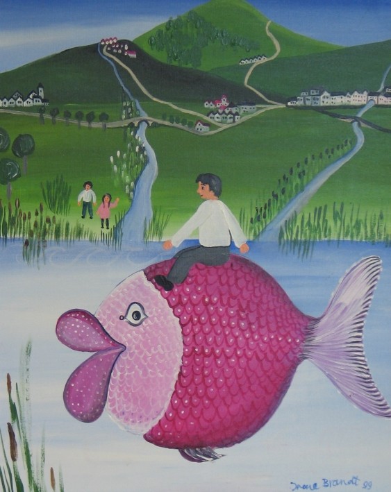 big fish with boy children river village green