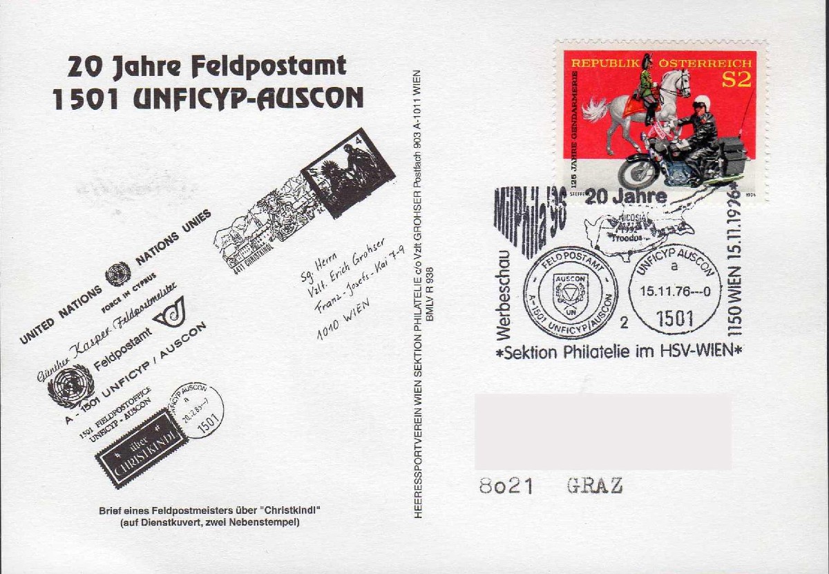 „ 20 Jahre Auslands-Feldpostamt 1501 UNFICYP-AUSCON “ 15.11.1996 1150 Wien, UZ 1- 2