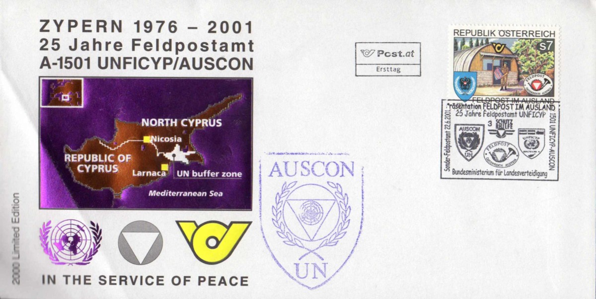 „ Präsentation der Sondermarke Feldpost im Ausland “ 22.6.2001 Feldpostamt 1501 UNFICYP-AUSCON Zypern ZU 1-6