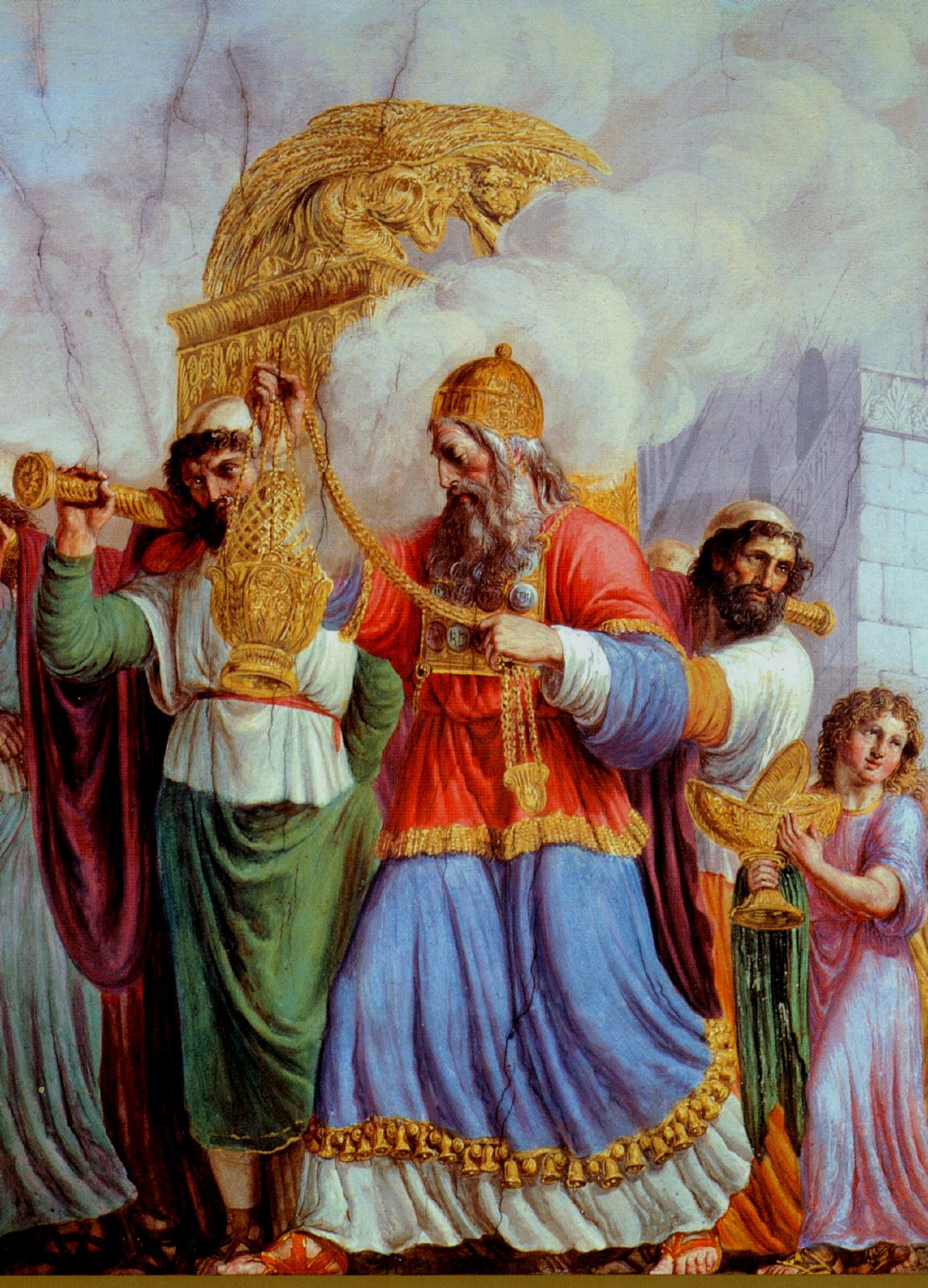 Mose begleitet die Träger der Bundeslade ins Allerheiligste. Diesen heiligen Raum durfte er nur betreten, wenn Glöckchen am Saum seines Gewandes erklangen