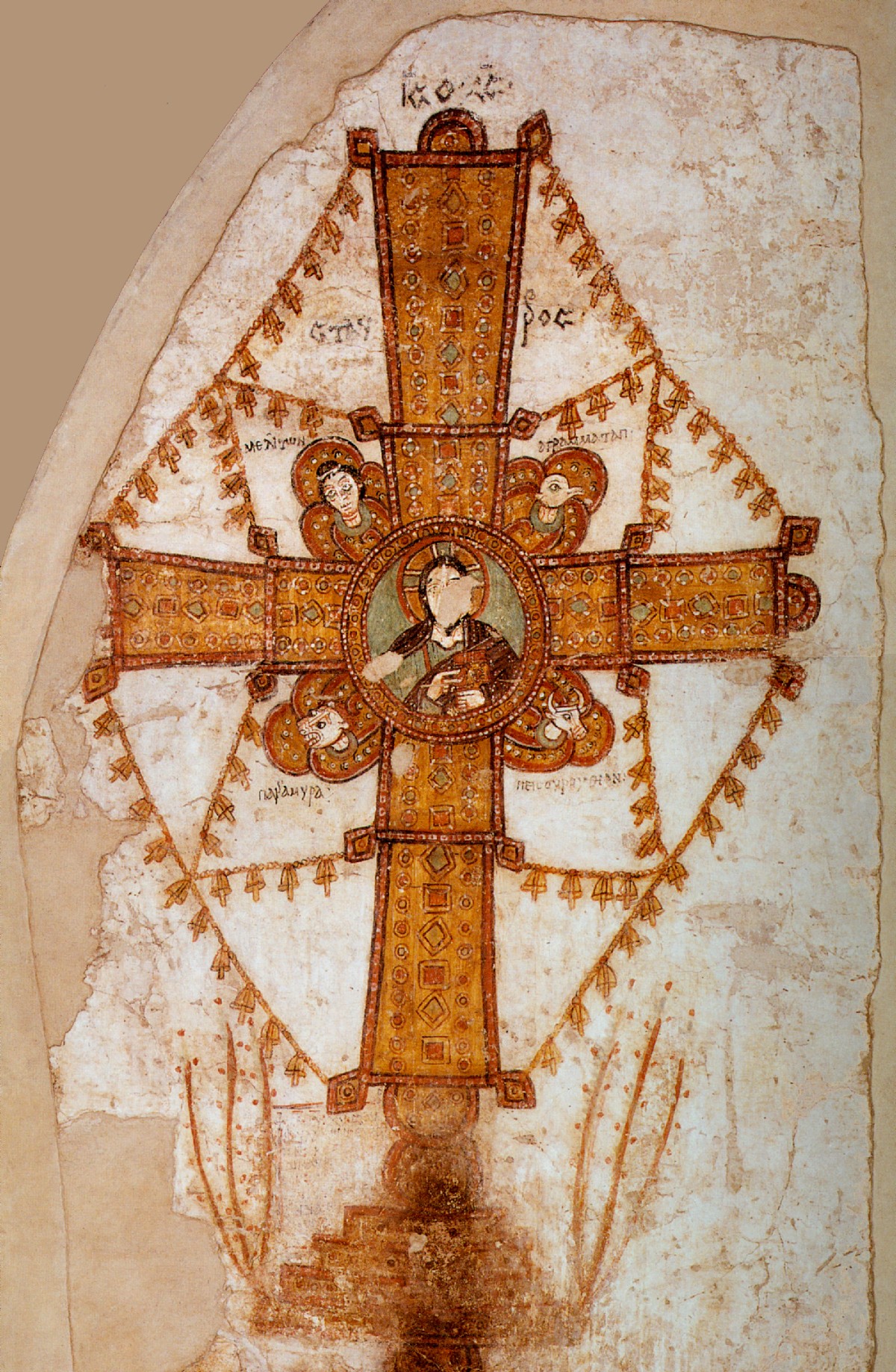 Das Kreuz von Faras, Tempera auf Putz, um 1000. Die Glöckchen bringen die Botschaft des Kreuzes zum Klingen. Wandmalerei in der berühmten Kathedrale im nubischen Faras