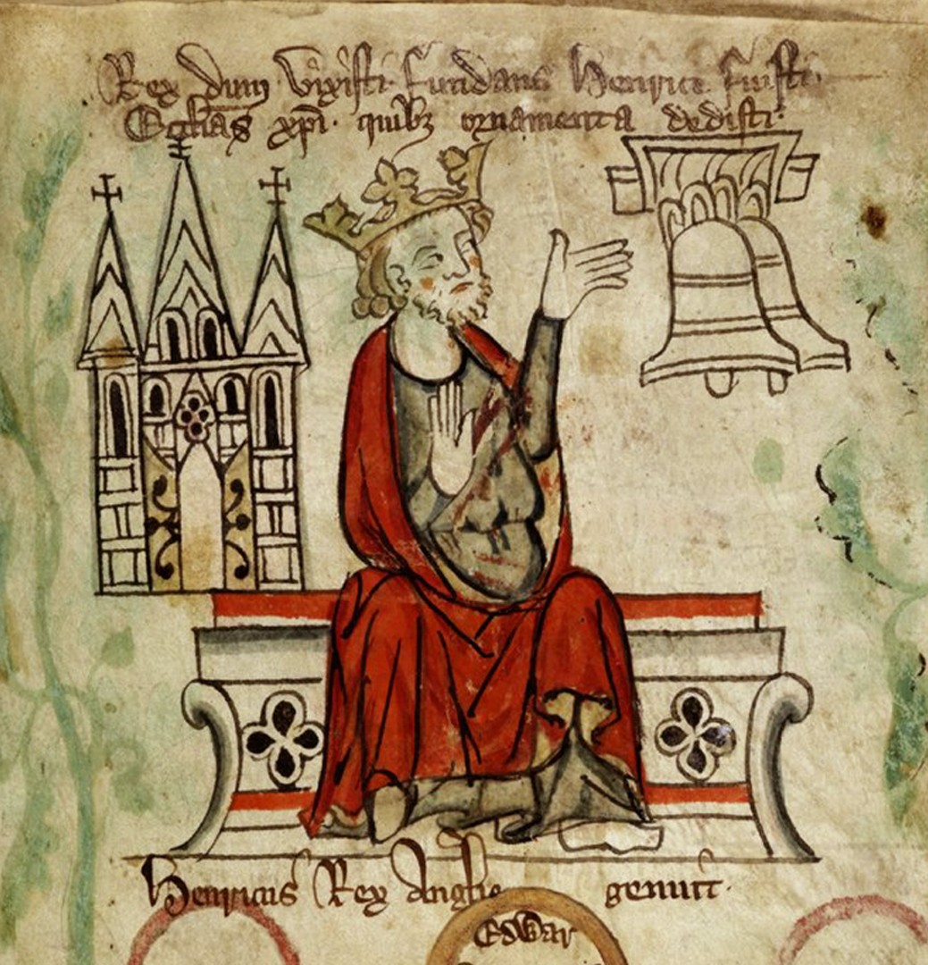 König Heinrich III. auf dem Thron, zeigt auf die Glocken der Westminster Abbey. Peter de Langtoft, Chronik von England, England zwischen 1307– 1327, Royal British Library.