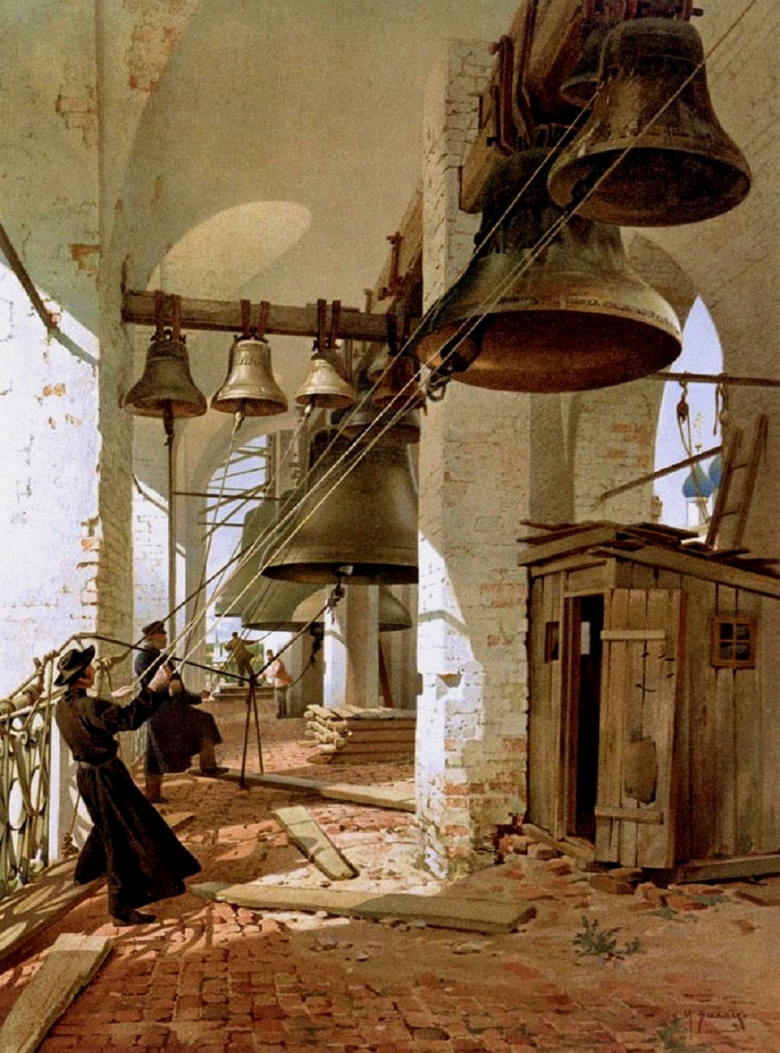 Glockenmusiker "läuten" die Festtags-Glocken, Mikhail Ville, um 1880.
