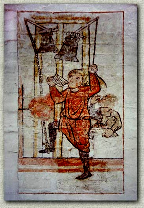 Der Glöckner beim Läuten und beim "Bechern", Wandmalerei, um 1250, St. Nicolai, Mölln