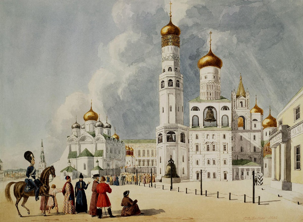 Der Glockenturm Ivan der Große und die Erzengel-Kathedrale im Moskauer Kreml, E. Gilbertson 1838.
