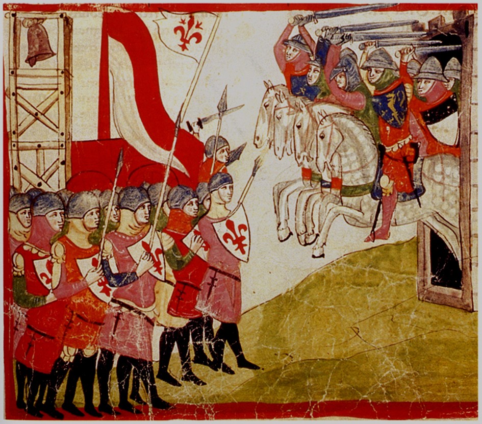 Die Florentiner mit Glockenwagen vor Siena. Die Schlacht von Montaperti, Giovanni Villani, um 1300.