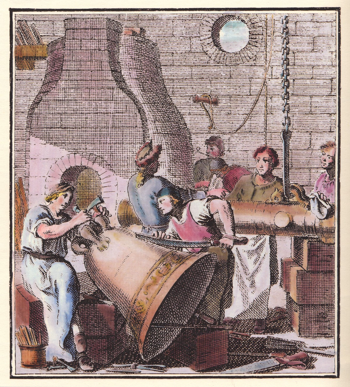 Tragische Metamorphose - Glocke - Kanone - Glocke - Kanone - Glocke ......., „Der Stuck- und Glockengießer“ beim Fertigen von Glocken und Kanonen. Kolorierter Stich von Christoph Weigel, 1698