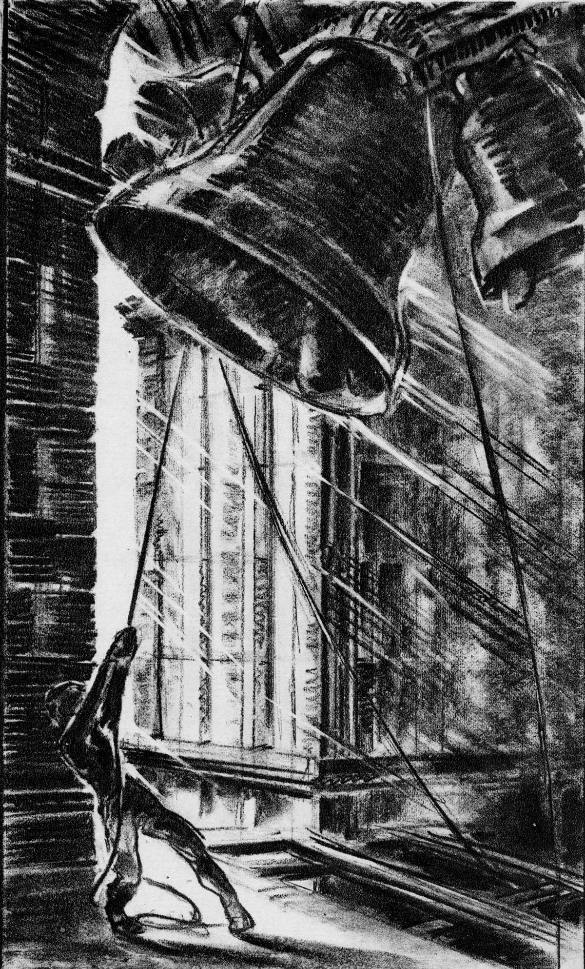 Glockenläuten, Lithographie, Rafaello Busoni, um 1938, im Eigentum des Autors,
