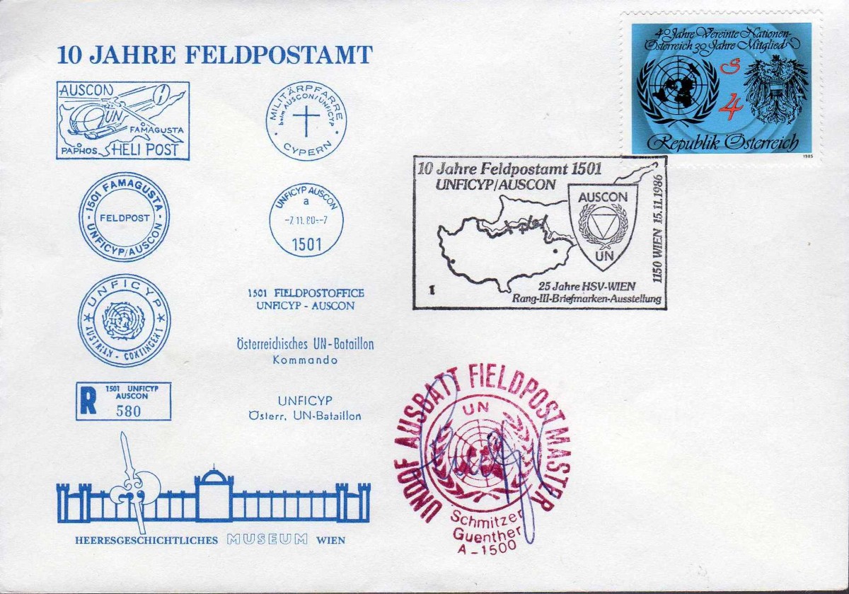 " 10 Jahre Auslands-Feldpostamt 1501 UNFICYP-AUSCON “15.11.1986 1150 Wien, UZ 1-3