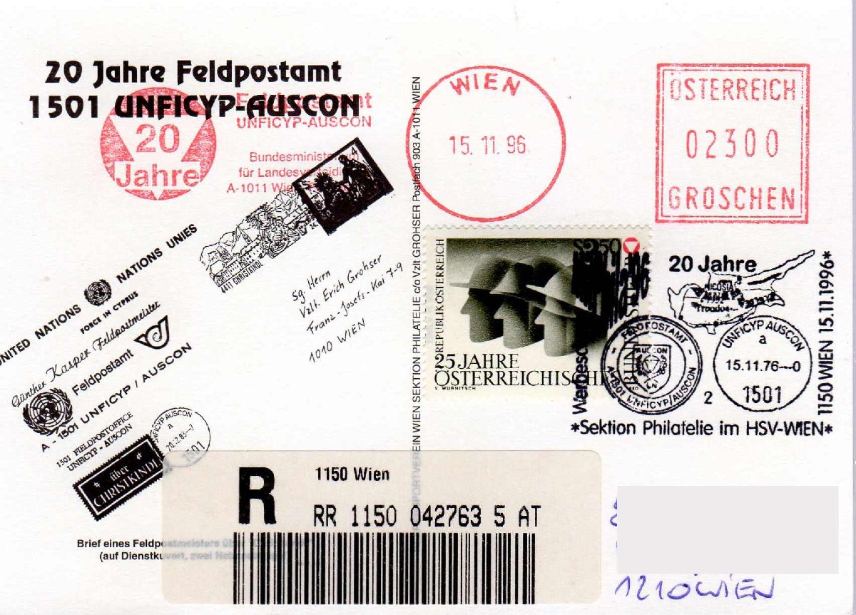 BMLV  Wien - Freistempel " 20 Jahre Feldpostamt  UNFICYP - AUSCON  1996  "